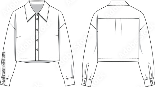 Flat fashion cad of long sleeve cropped shirt with collar, technical sketch vector, trendy women's wear, garment design template