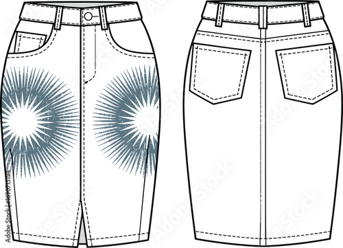 Front and back denim skirt flat sketch with sunburst print design, vector cad drawing, fashion template, pencil skirt, casual wear illustration