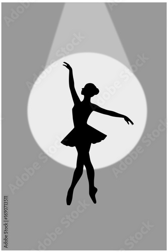 Minimal monochrome silhouette of a ballet dancer with spotlight effect. Vector illustration for dance, performance, artistic design, logos, and modern creative projects