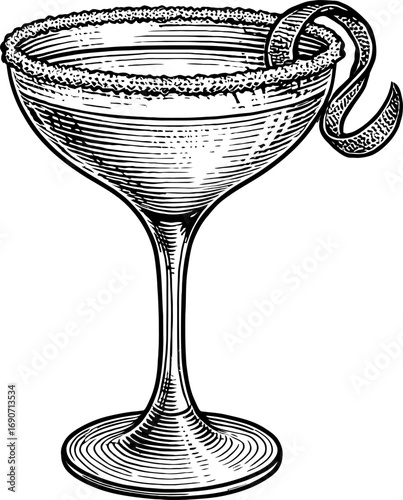 A stylized hand-drawn cocktail in a tall elegant glass featuring intricate line work and vintage design. It’s isolated on a white background.