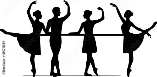 Minimalist silhouette of a ballet rehearsal scene on a clean background. Vector illustration for dance practice, choreography, training, posters, and modern creative projects