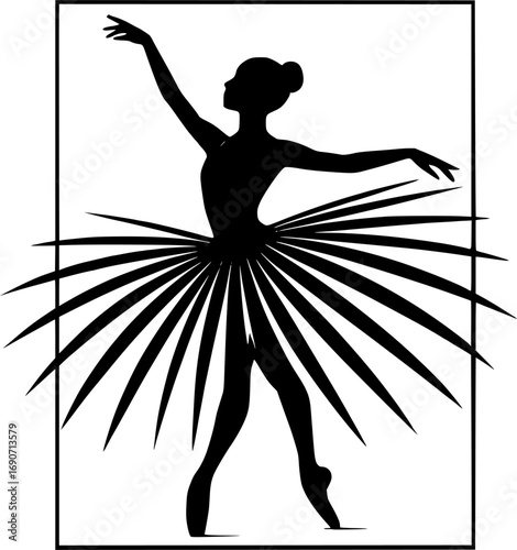 Silhouette of a ballet dancer with dramatic tutu lines, poster design. Minimalist vector illustration for dance, performance, choreography, and modern creative projects
