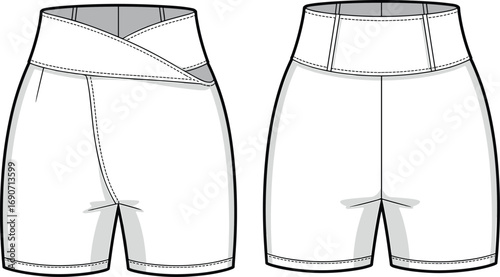 High waist biker shorts with crossover waistband, activewear flat sketch, fashion cad drawing, vector illustration for women sportswear design