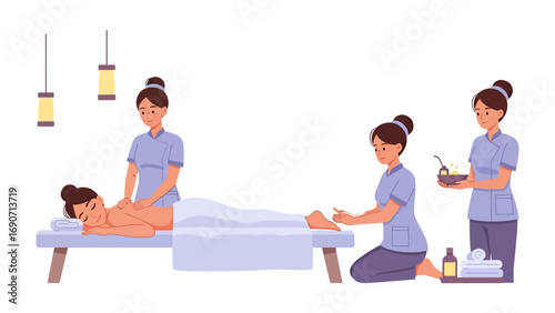 Relaxing spa scene with multiple therapists providing different treatments including massage and foot care in a serene wellness environment