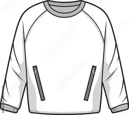 Long sleeve sweatshirt flat sketch with zipper pockets, casual pullover, fashion vector template, comfortable wear, front view, cad drawing, flat vector illustration