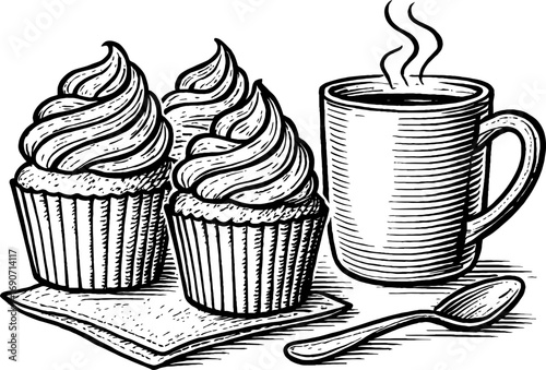 A black and white illustration features two cupcakes with generous frosting swirls next to a steaming cup of coffee and a spoon, all resting on a napkin.