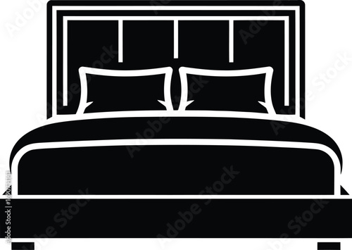 Elegant Bed Illustration with Pillows and Headboard in Black and White Minimalist Style