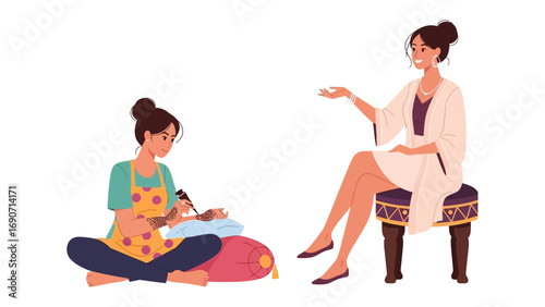 Two women interacting with a baby one sitting on the floor and the other on a stool in a bright clean setting