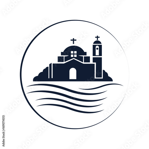  Minimalist circular logo featuring a Greek Orthodox church by the sea, with domed roof, cross symbols, waves, and elegant silhouette.