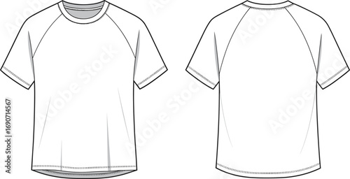 Plain white t-shirt front and back view, casual short sleeve shirt, basic apparel, unisex style, simple design, comfortable clothing, cad drawing flat vector illustration