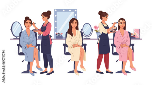 Professional makeup artists applying makeup to clients in a beauty salon with mirrors and vanity stations