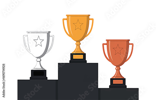 Podium with Gold, Silver, and Bronze Trophies Celebrating Achievement and Success