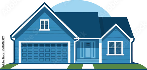 Charming Blue House Vector Illustration with Garage and White Trim on Transparent Backdrop