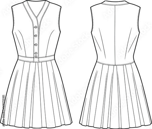 Sleeveless pleated dress fashion sketch, front button, v-neck, summer outfit, technical cad flat, vector illustration template, garment design