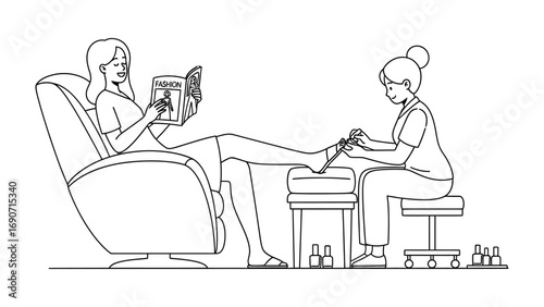 Woman relaxing in a pedicure chair reading a magazine while technician paints her toenails at a salon