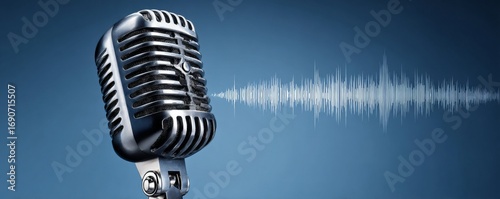 A blue-hued image featuring a podcast microphone surrounded by sound waves symbolizes the equipment needed for recording voiceovers and creating professional-sounding podcasts