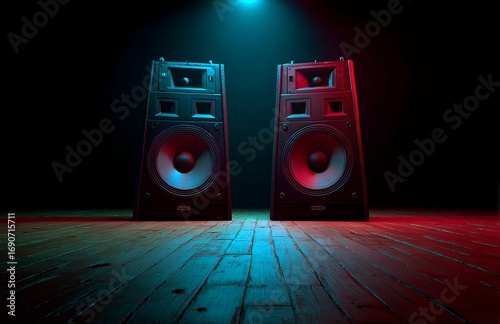Colored lighting adorns modern music speakers standing on a dark floor, which are equipped with cutting-edge audio technology, ideal for parties and home entertainment, and characterized by neon