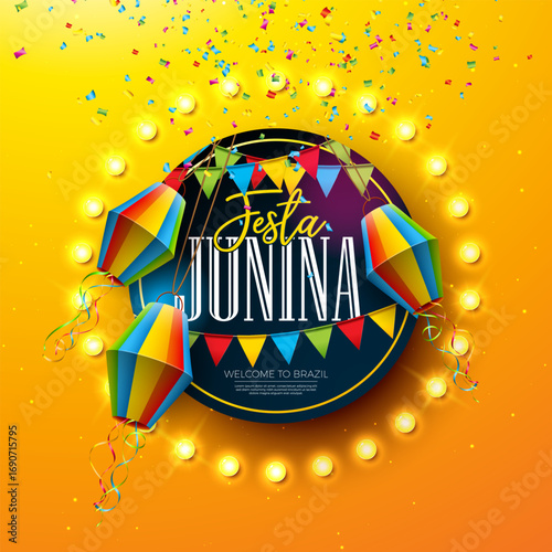 Festa Junina Brazil Vector Illustration with Quadrille Balloons, Bunting Flags, Confetti, and Light Bulbs on a Vibrant Yellow Orange Holiday Celebration Background