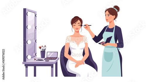 Bride receiving professional makeup application from a skilled makeup artist in a bright studio setting before wedding day