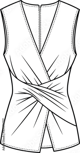 Women’s sleeveless wrap top design with gathered front detail, stylish modern fashion sketch, casual wear, apparel, vector drawing, cad drawing flat vector illustration