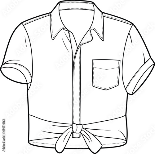 Women’s short sleeve tie front shirt, button-down design, front pocket detail, fashion sketch, cad drawing, flat vector, clothing illustration