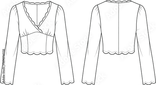 Women's scalloped edge blouse front and back view, long sleeve crop top, stylish fashion design, fitted bodice, vector drawing, cad drawing flat vector illustration