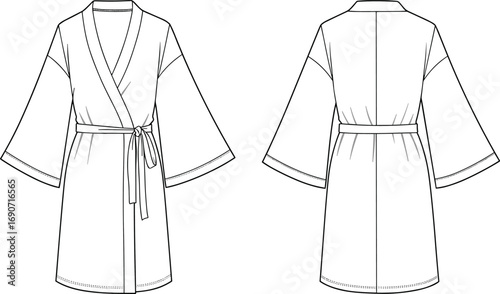 Women's robe front and back view, kimono style bathrobe, belted waist, long sleeves, comfortable loungewear, casual clothing, cad drawing flat vector illustration
