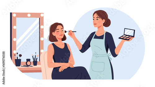 Professional makeup artist applying cosmetics to a client s face in a well lit beauty salon with a mirror and brushes