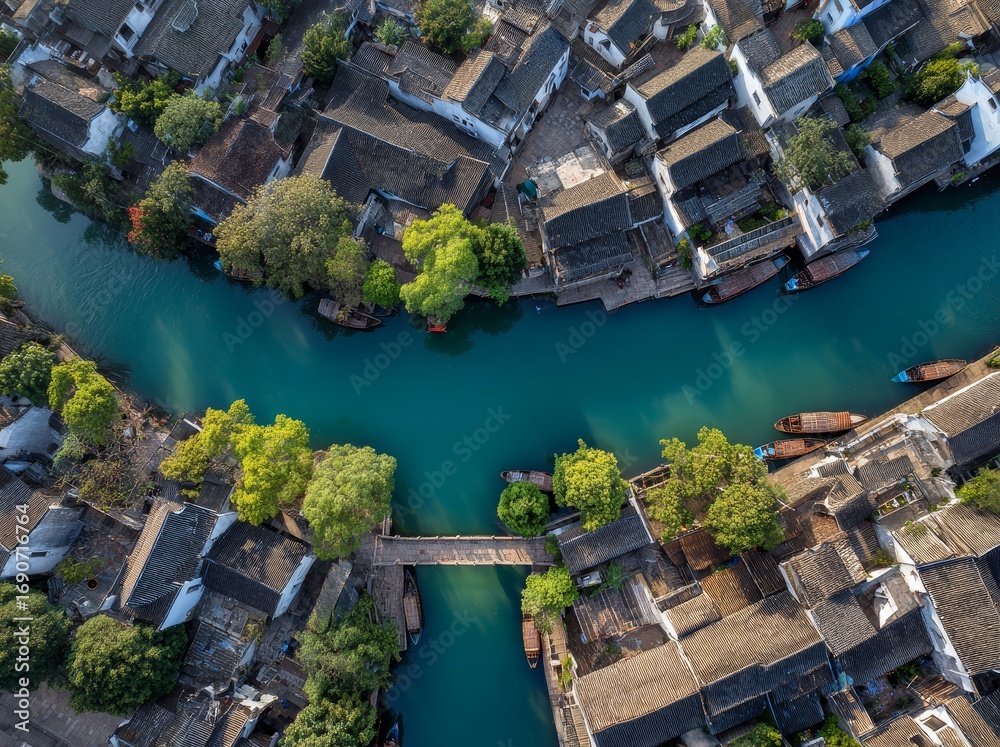 Naklejka premium Aerial view of ancient Chinese water town with traditional houses and bridges along blue-green river in Zhejiang, showcasing Jiangnan's tranquil riverside architecture and greenery.