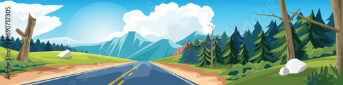 Horizontal of a straight path to the destination asphalt road. Middle of a pine forest nature with mountains and clouds in the background under a blue sky for banner background.