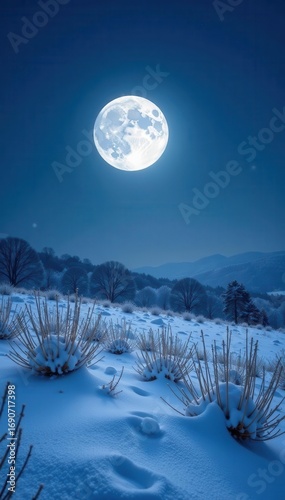 Snow drifts blanket a field under a luminous winter moon , night, illumination, clear