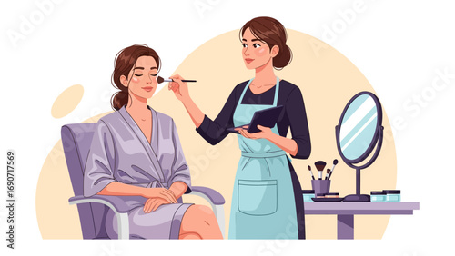Professional makeup artist applying cosmetics to a client s face in a beauty salon setting with makeup tools and mirror