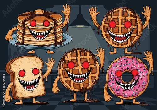 "Scary cartoon breakfast food characters with glowing eyes, creepy pancakes, waffles, donut, bread, horror kitchen scene, spooky funny illustrati