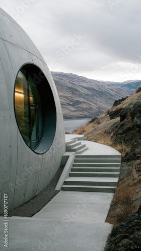 Modern Concrete Dome House Exterior With Large Window And Hiking Trail