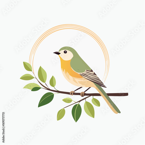 Minimalist digital art depicting a serene songbird on a green branch with delicate leaves, encircled by a subtle golden glow, evoking themes of natural harmony and peaceful freedom
