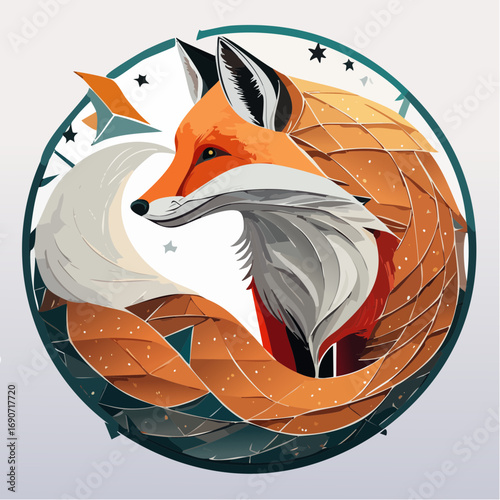 Elegant geometric fox illustration with a stylized, swirling tail in a circular emblem design, isolated on a white background