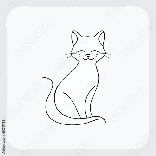 Line art illustration of a happy cat with closed eyes and a smiling expression against a white background