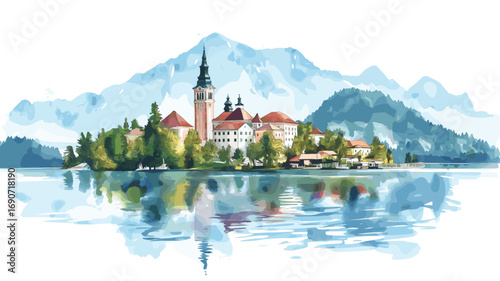 Lake Bled. Lake Bled watercolor vector illustration