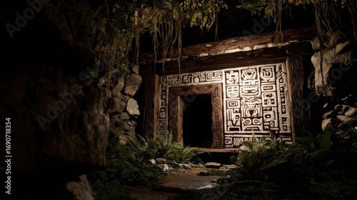 Ancient Stone Entranceway In Dark Cave