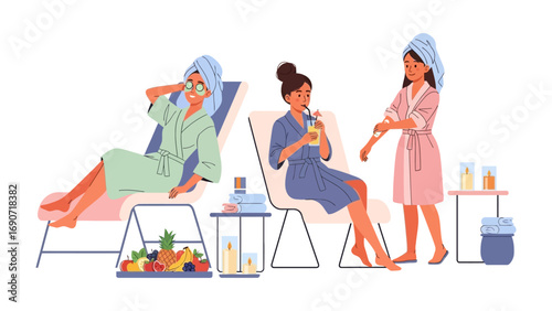 Three diverse women in plush robes and towels enjoying a relaxing spa day with refreshing drinks and skincare products in a bright airy setting