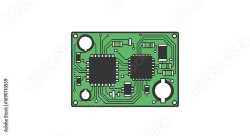 Green circuit board with electronic components for technological applications.