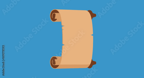 Antique Scroll Illustration: Rolled Parchment with Wooden Handles on Blue Background.