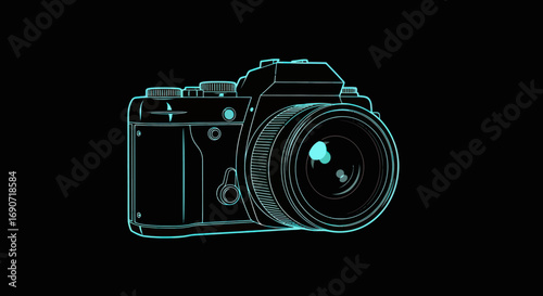 Futuristic digital camera with a glowing neon outline.