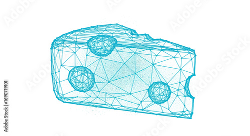 Abstract digital wireframe cheese slice with geometric holes.