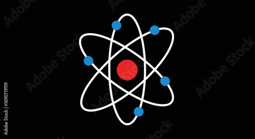 Stylized illustration of an atom with a nucleus and orbiting electrons.