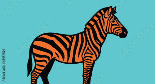 Stylized zebra with bold orange and black stripes standing against a vibrant background.