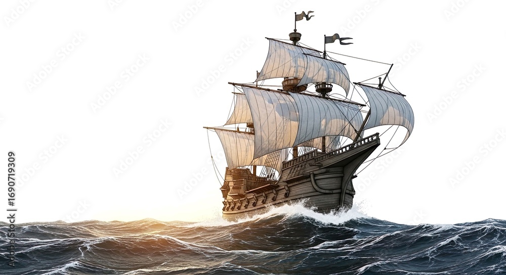 Obraz premium Historic Sailing Ship on Rough Ocean Waves Exploration Vessel Discovery