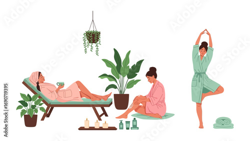 Relaxing spa scene with women receiving treatments and practicing yoga amidst lush green plants and calming ambiance