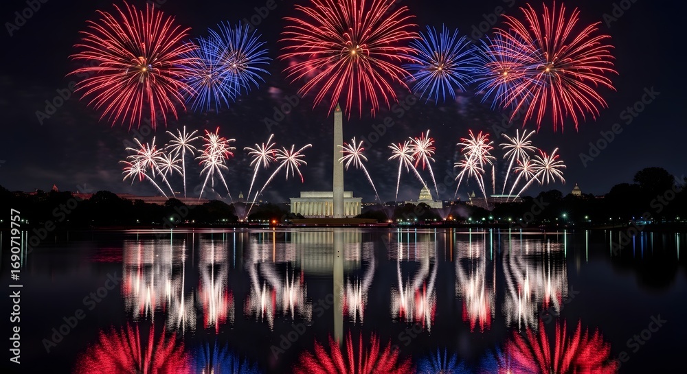 Obraz premium Fireworks Over Washington Dc Reflecting on Water