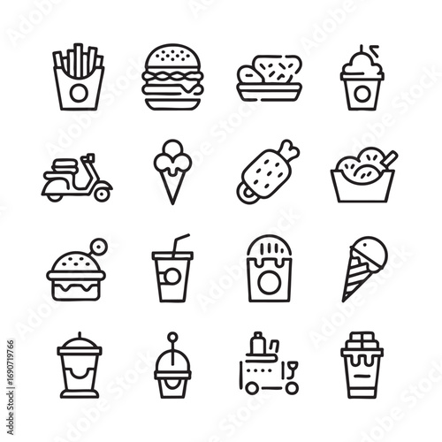 Outlined Fast Food Icons and Sweet Treats Collection for a Modern Design